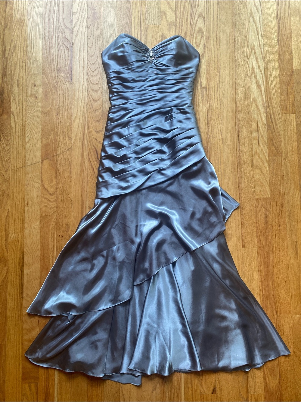 Camille La Vie Strapless Satin Evening Gown in Steel Gray
